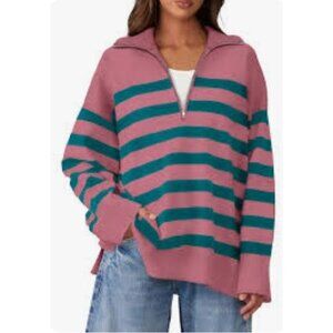 Wiholl Pink and Teal Striped Long Sleeve Sweater Size XL